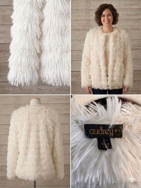 Audrey 3+1 Ivory Cream Shag Fringe Open Front Jacket — Size L